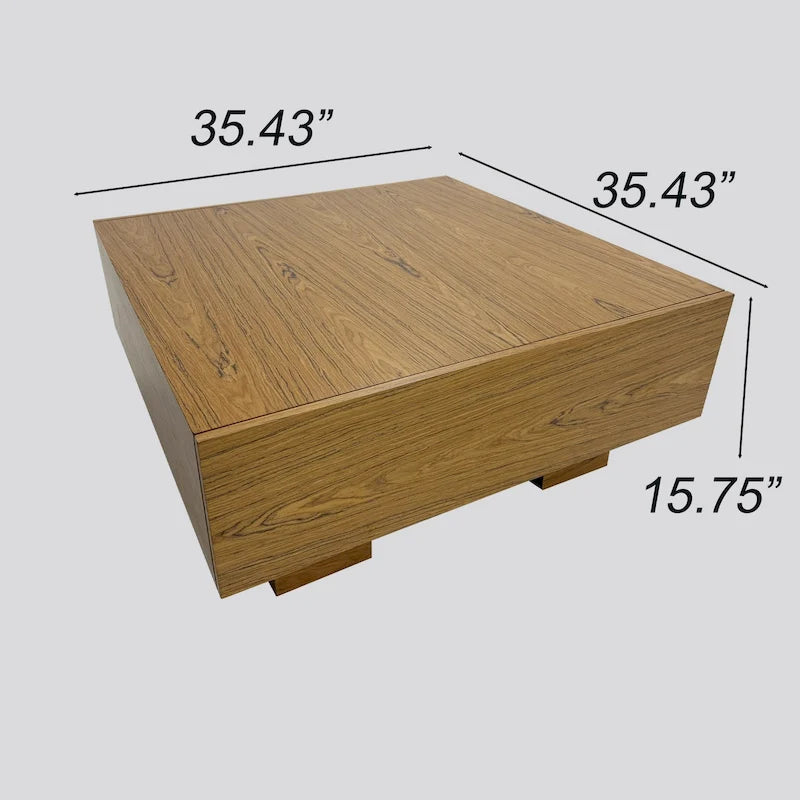 35.43 Square Wood Coffee Table with 2 Drawers, Brown Wood Texture - 35.43