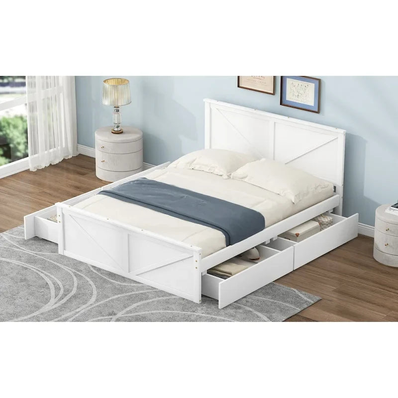 Queen Size Wooden Platform Bed with Four Storage Drawers and Support Legs, Gray