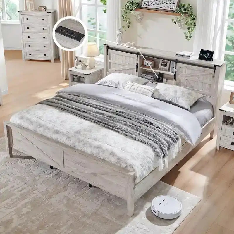 Farmhouse King Size Bed Frame with Storage Shelves & Charging Station