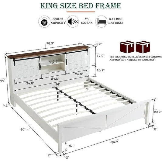 Farmhouse King Size Bed Frame with Storage Shelves & Charging Station