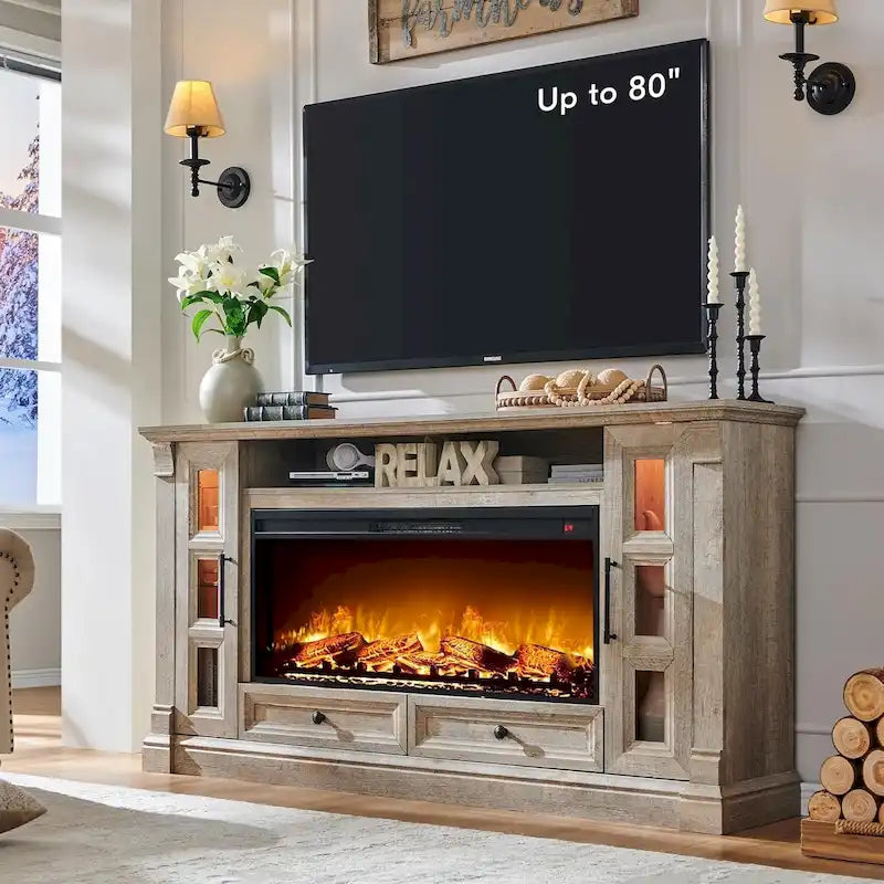 Farmhouse Fireplace TV Stand for up-to-80 TV, Entertainment Center