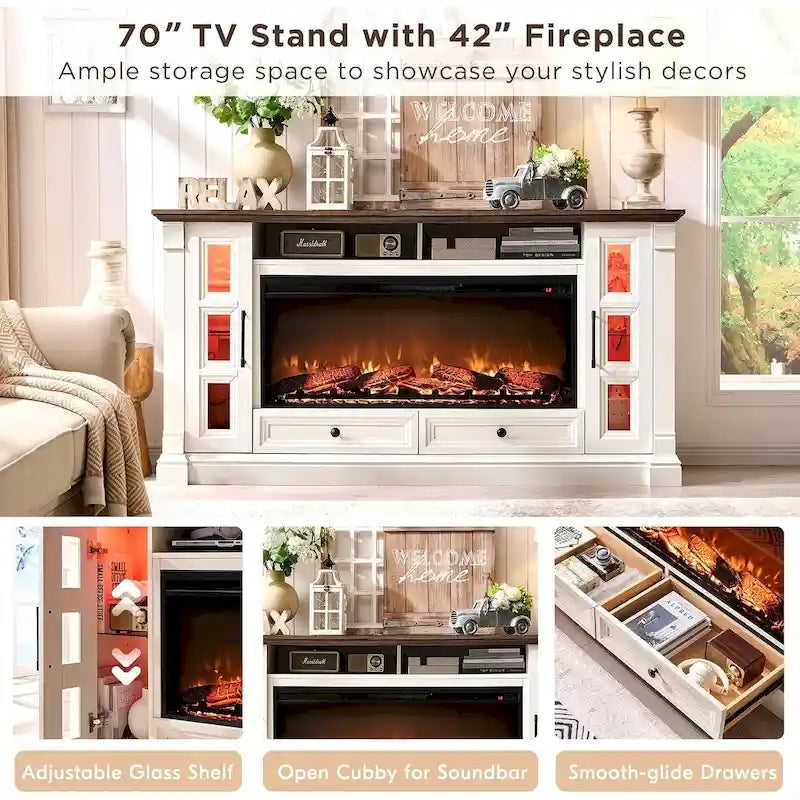 Farmhouse Fireplace TV Stand for up-to-80 TV, Entertainment Center