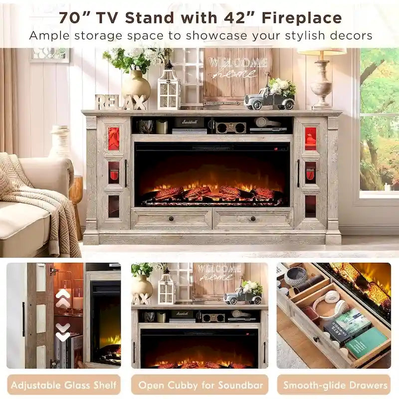 Farmhouse Fireplace TV Stand for up-to-80 TV, Entertainment Center