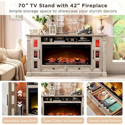 Farmhouse Fireplace TV Stand for up-to-80 TV, Entertainment Center