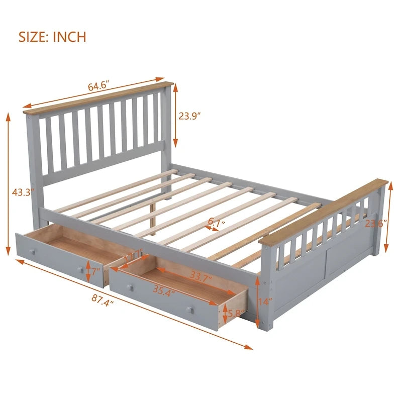 Grey Queen Platform Bed in Natural Pine with Drawers and Wooden Headboard
