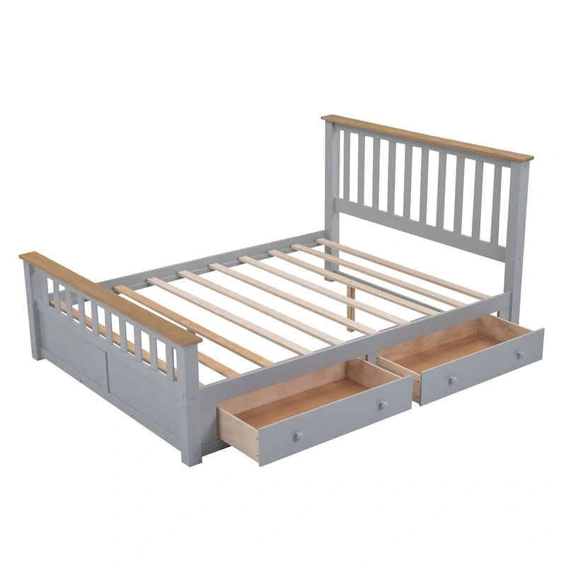 Grey Queen Platform Bed in Natural Pine with Drawers and Wooden Headboard