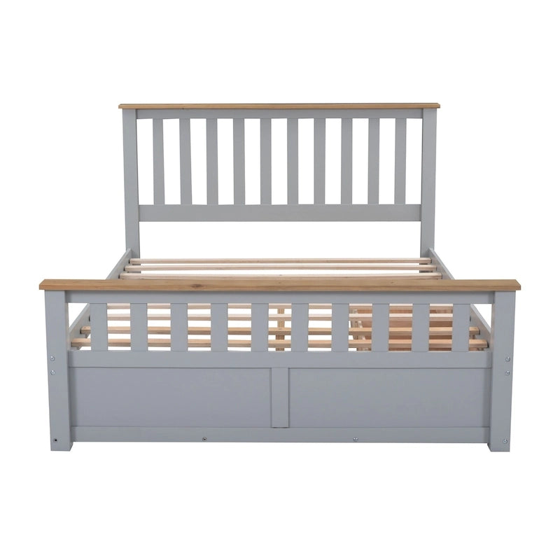 Grey Queen Platform Bed in Natural Pine with Drawers and Wooden Headboard