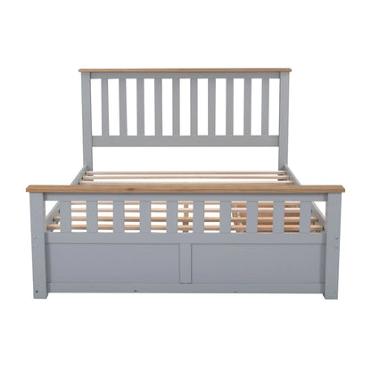 Grey Queen Platform Bed in Natural Pine with Drawers and Wooden Headboard