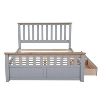 Grey Queen Platform Bed in Natural Pine with Drawers and Wooden Headboard