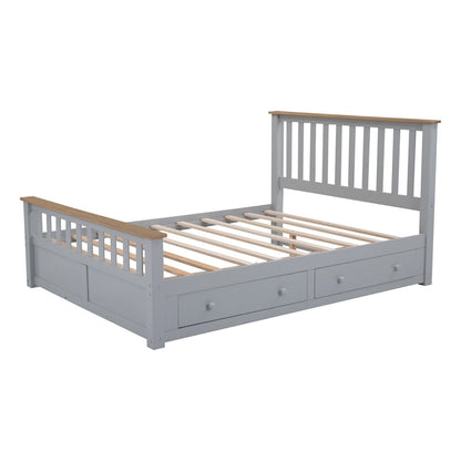 Grey Queen Platform Bed in Natural Pine with Drawers and Wooden Headboard