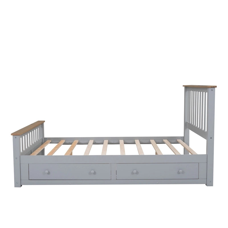 Grey Queen Platform Bed in Natural Pine with Drawers and Wooden Headboard