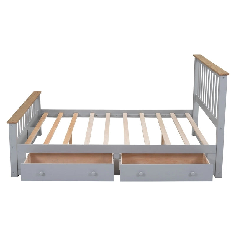 Grey Queen Platform Bed in Natural Pine with Drawers and Wooden Headboard