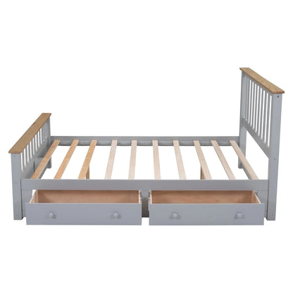 Grey Queen Platform Bed in Natural Pine with Drawers and Wooden Headboard