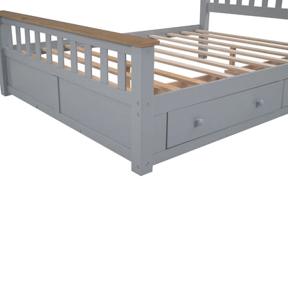 Grey Queen Platform Bed in Natural Pine with Drawers and Wooden Headboard
