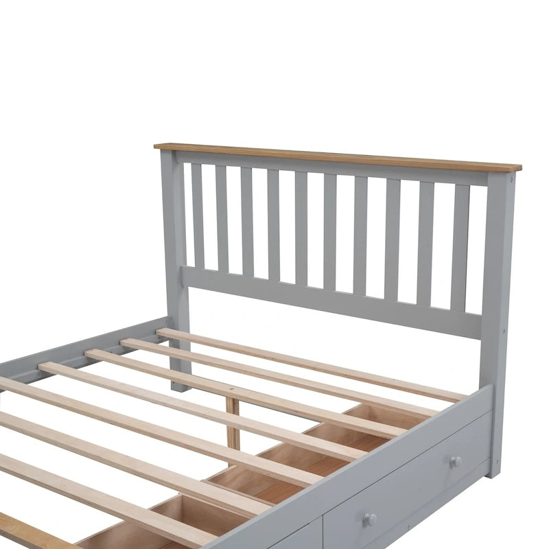 Grey Queen Platform Bed in Natural Pine with Drawers and Wooden Headboard