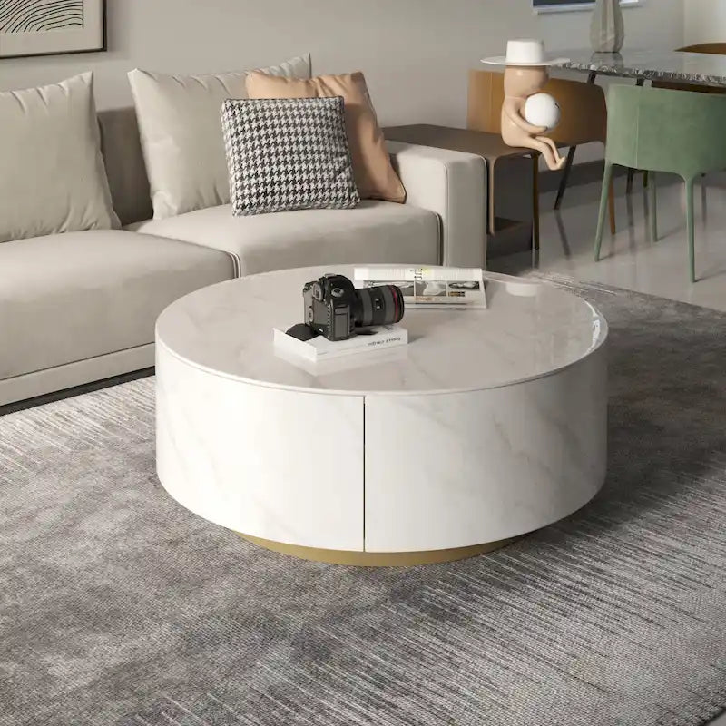 Modern Marble Top Round Coffee Table with Metal Base and 2 Drawers