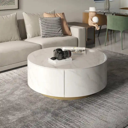 Modern Marble Top Round Coffee Table with Metal Base and 2 Drawers