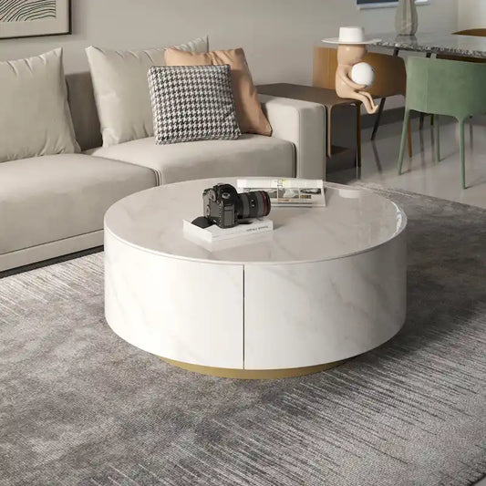 Modern Marble Top Round Coffee Table with Metal Base and 2 Drawers