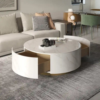 Modern Marble Top Round Coffee Table with Metal Base and 2 Drawers