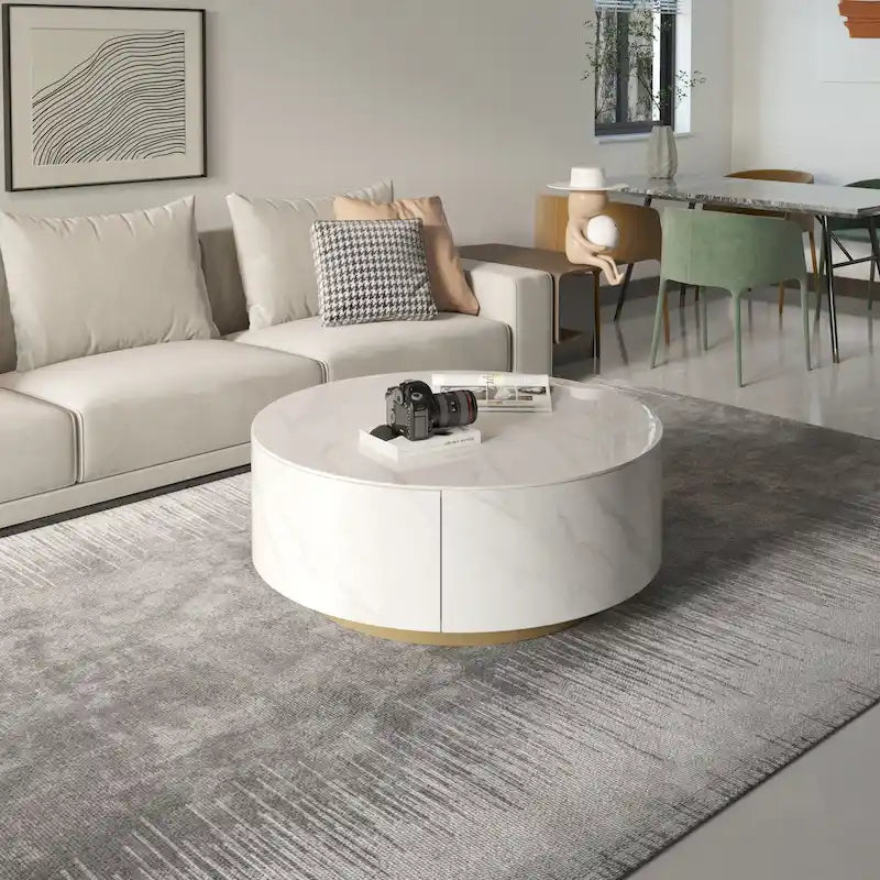 Modern Marble Top Round Coffee Table with Metal Base and 2 Drawers