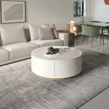 Modern Marble Top Round Coffee Table with Metal Base and 2 Drawers
