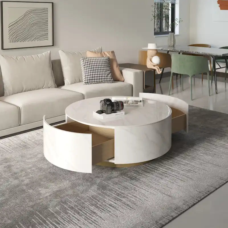 Modern Marble Top Round Coffee Table with Metal Base and 2 Drawers