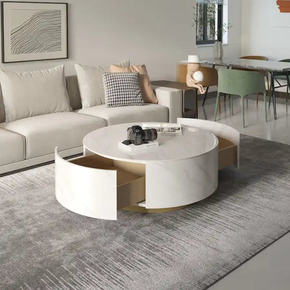 Modern Marble Top Round Coffee Table with Metal Base and 2 Drawers
