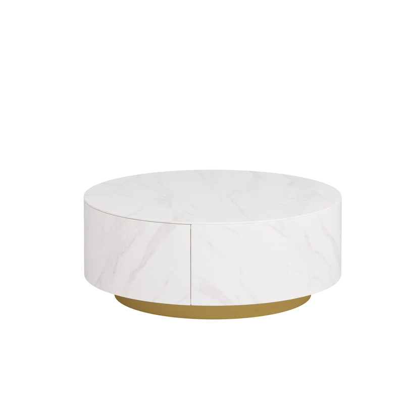 Modern Marble Top Round Coffee Table with Metal Base and 2 Drawers