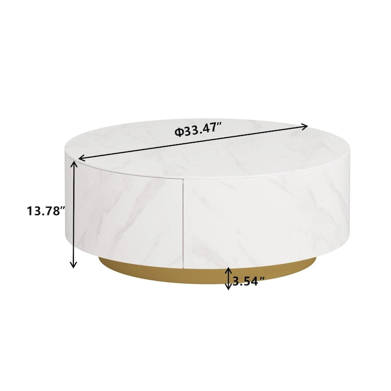 Modern Marble Top Round Coffee Table with Metal Base and 2 Drawers