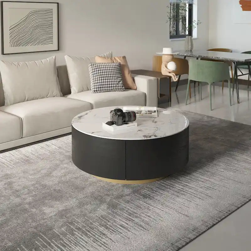 Modern Marble Top Round Coffee Table with Metal Base and 2 Drawers