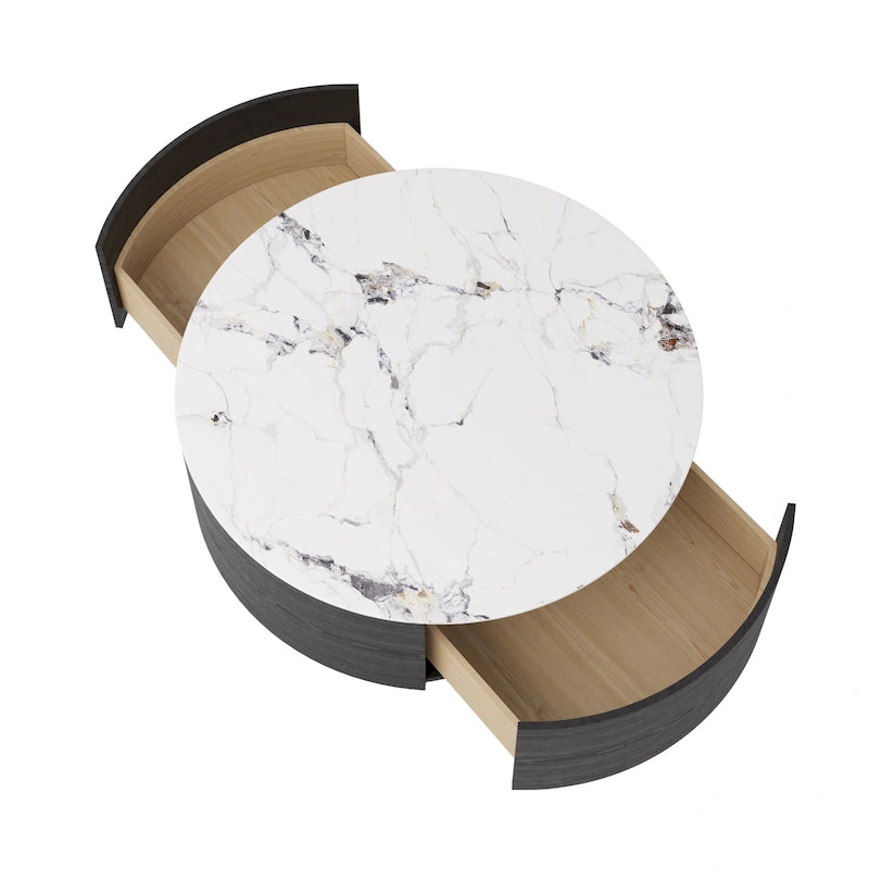 Modern Marble Top Round Coffee Table with Metal Base and 2 Drawers