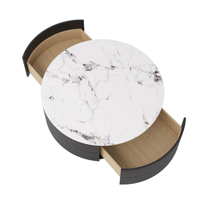 Modern Marble Top Round Coffee Table with Metal Base and 2 Drawers