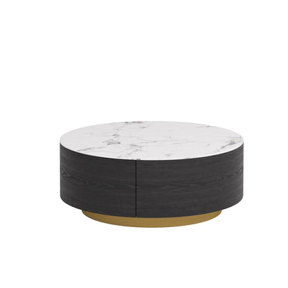 Modern Marble Top Round Coffee Table with Metal Base and 2 Drawers