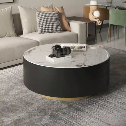 Modern Marble Top Round Coffee Table with Metal Base and 2 Drawers