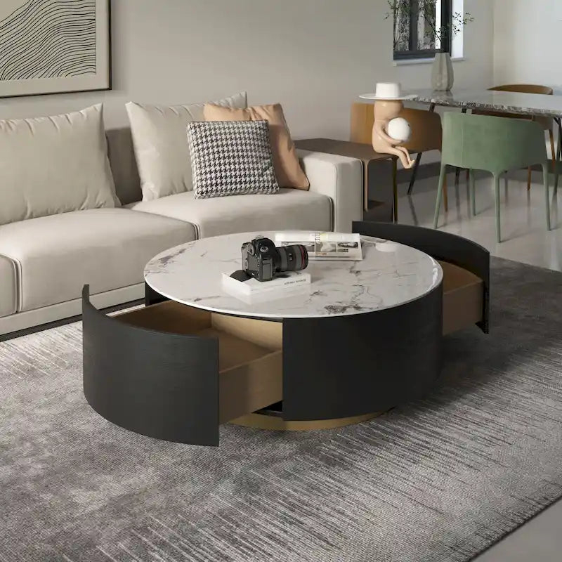 Modern Marble Top Round Coffee Table with Metal Base and 2 Drawers
