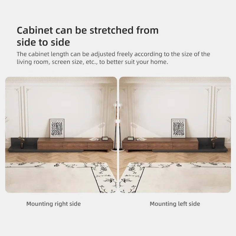 Extendable 118 Modern TV Stand with 3 Spacious Drawers, Adjustable Length Media Console for Living Room