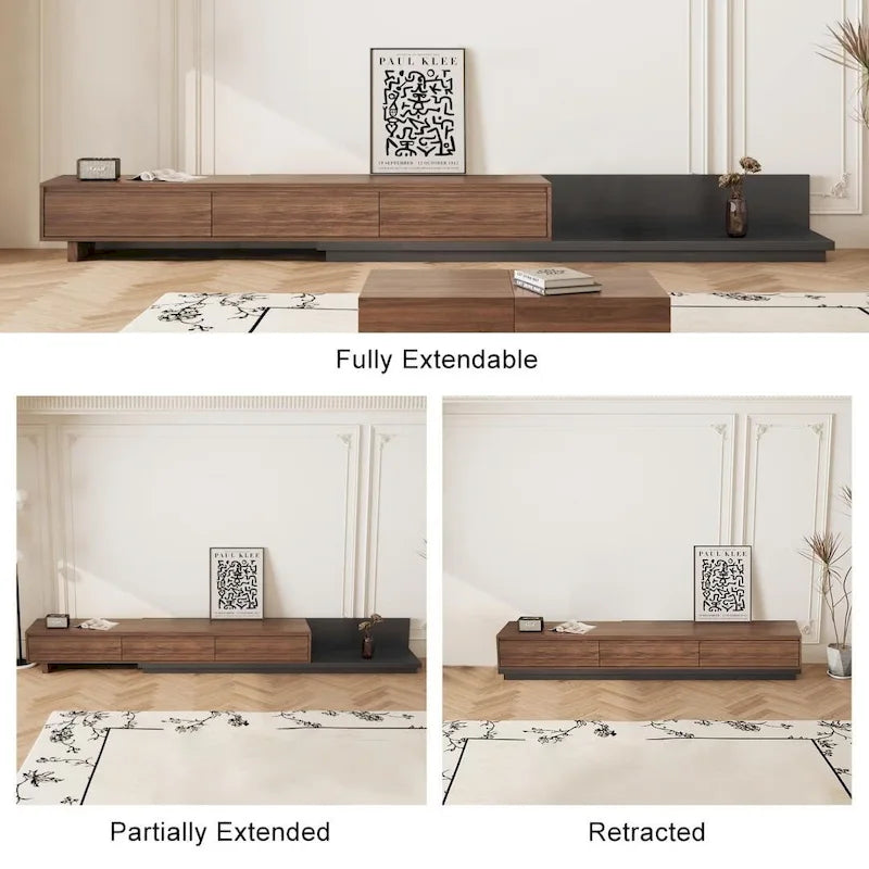 Extendable 118 Modern TV Stand with 3 Spacious Drawers, Adjustable Length Media Console for Living Room