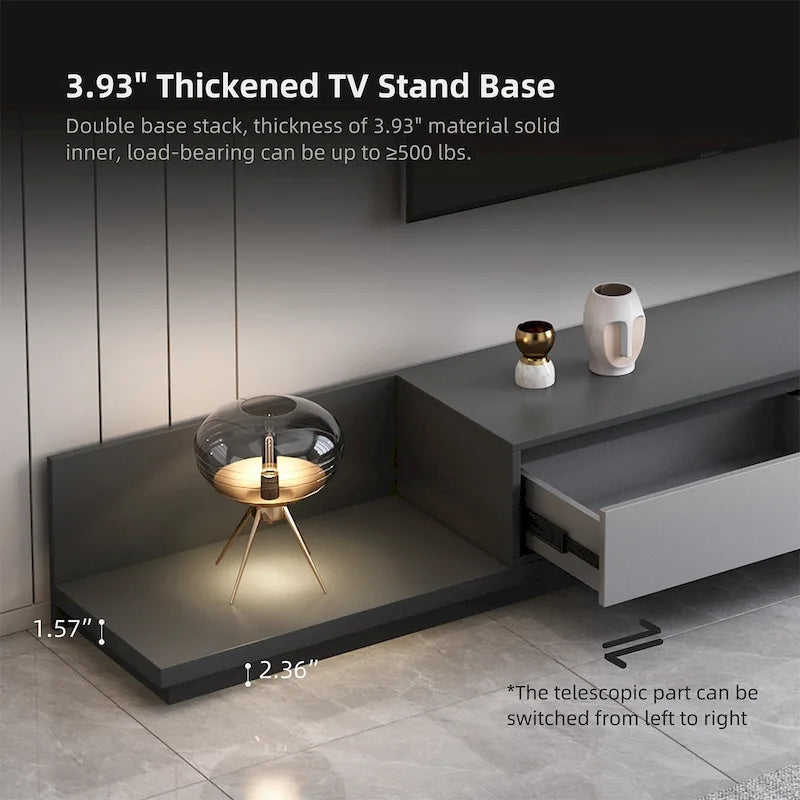 Extendable 118 Modern TV Stand with 3 Spacious Drawers, Adjustable Length Media Console for Living Room