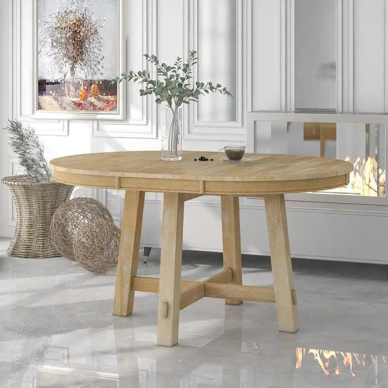 Farmhouse Round Extendable Dining Table with 16 Leaf Wood