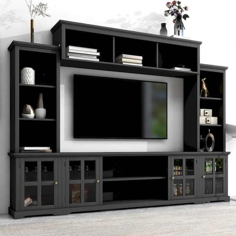 Entertainment Unit with Bridge, TV Console Table for TVs Up to 70, Two Pier Units