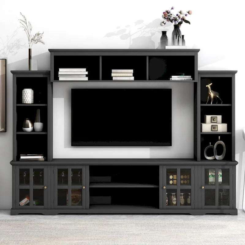 Entertainment Unit with Bridge, TV Console Table for TVs Up to 70, Two Pier Units