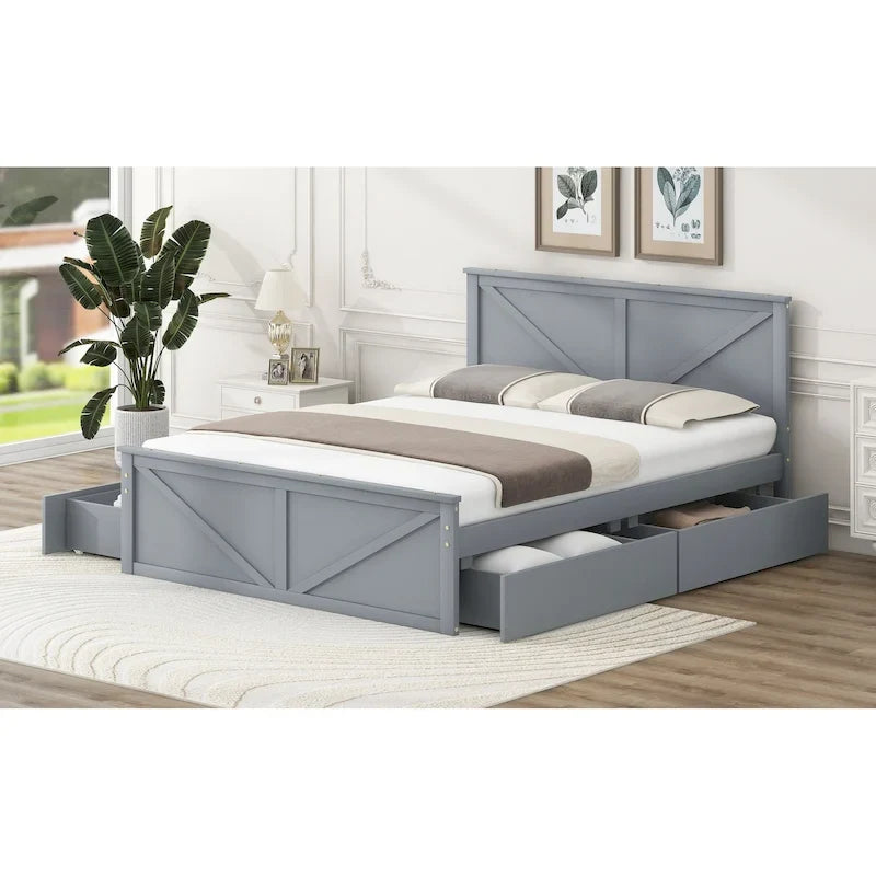 Queen Size Wooden Platform Bed with Four Storage Drawers and Support Legs, Gray