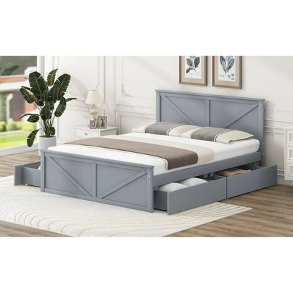 Queen Size Wooden Platform Bed with Four Storage Drawers and Support Legs, Gray