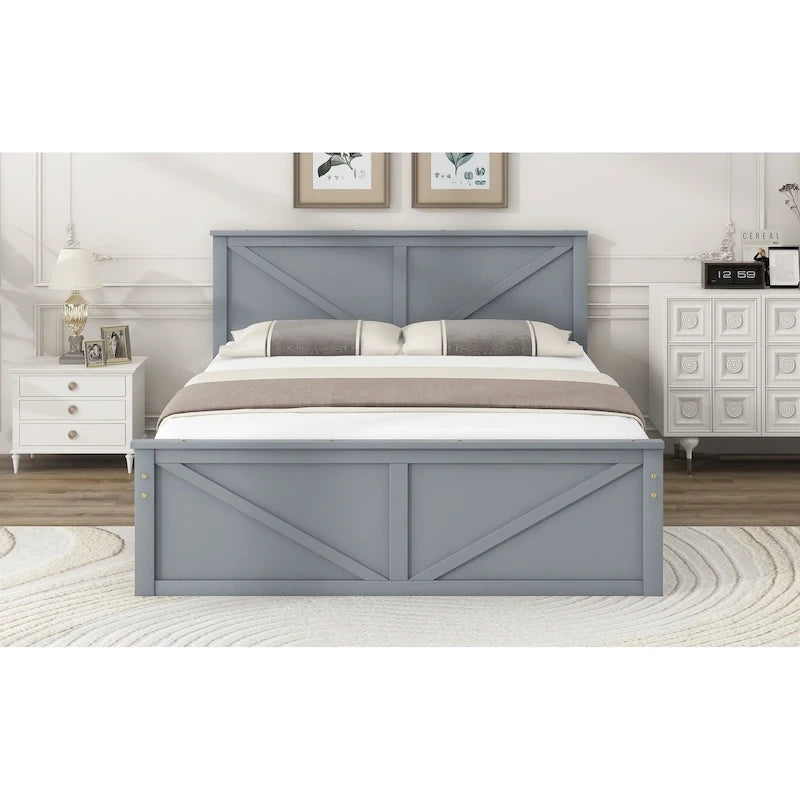 Queen Size Wooden Platform Bed with Four Storage Drawers and Support Legs, Gray