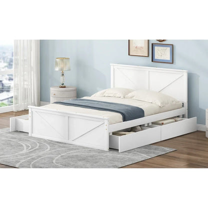 Queen Size Wooden Platform Bed with Four Storage Drawers and Support Legs, Gray