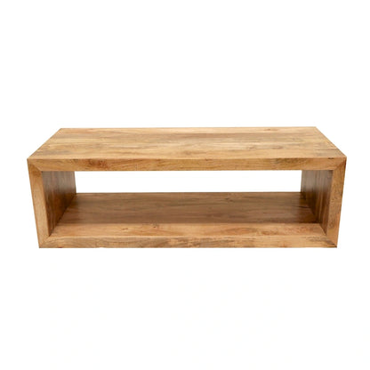 Keli 58 Inch Mango Wood Coffee Table, Open Cube, 1 Shelf, Natural Brown