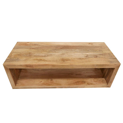 Keli 58 Inch Mango Wood Coffee Table, Open Cube, 1 Shelf, Natural Brown
