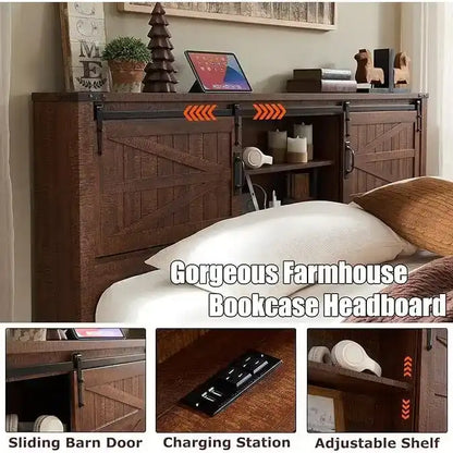 Farmhouse King Size Bed Frame with Storage Shelves & Charging Station