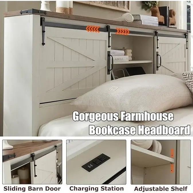 Farmhouse King Size Bed Frame with Storage Shelves & Charging Station