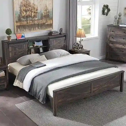 Farmhouse King Size Bed Frame with Storage Shelves & Charging Station
